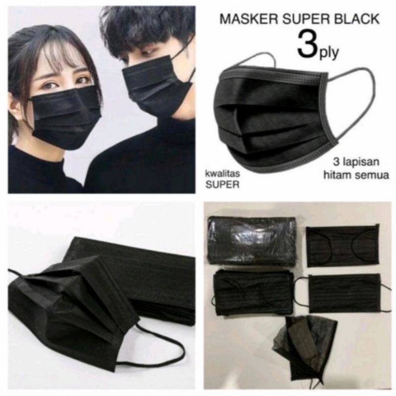 Masker Earloop Hitam + Box Random Isi 50