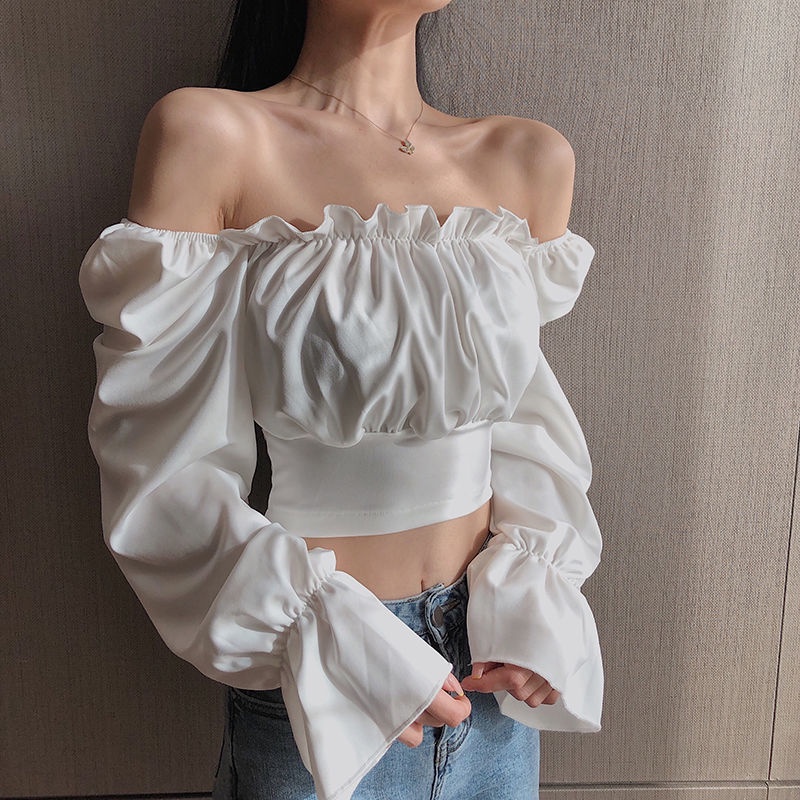 Shifon blus fairy ruffled square collar waist puff lengan kemeja pendek lengan panjang top wan