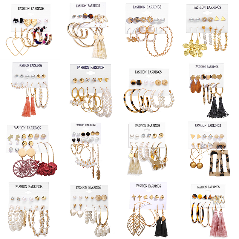 YEEZII 20Types Bohemia Anting Emas Set Anting Korea Fashion Rumbai Retro Geometris Hollow Mutiara Kupu-kupu Wanita Perhiasan Aksesoris