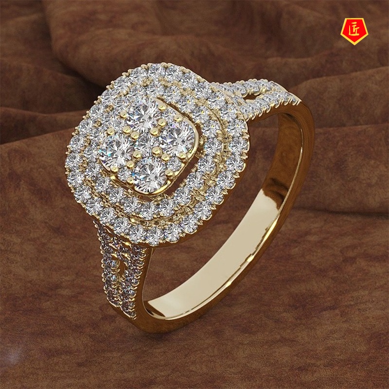 [Ready Stock]Micro-Inlaid Diamond Square Ring 18K Gold Luxury Fashion