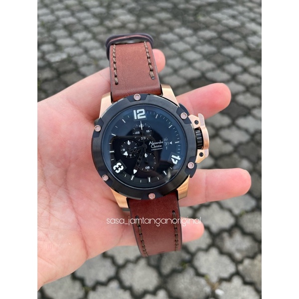 Jam Tangan Alexandre Christie Ac 6295 Original Black Rosegold Brown Pria Kulit