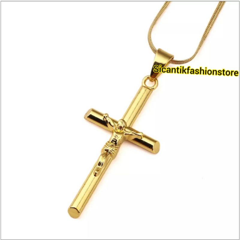 Kalung Titanium Pipih Gold Liontin Salib Gold Fashion Pria Wanita Anti Karat Selamanya Kalung  Gepeng Liontin Salib Gold Liontin Salib Gold