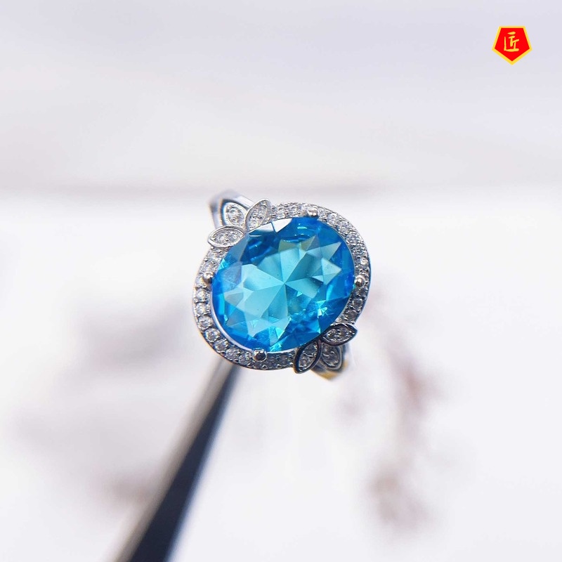 [Ready Stock]Simple Personality Pt950 Inlaid Topaz Blue Colored Gems Ring