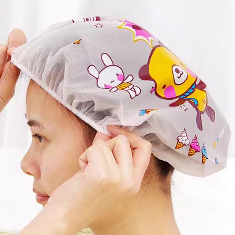 Shower Cap Plastik Penutup Rambut Anti Air Transparan Desain Motif Karakter