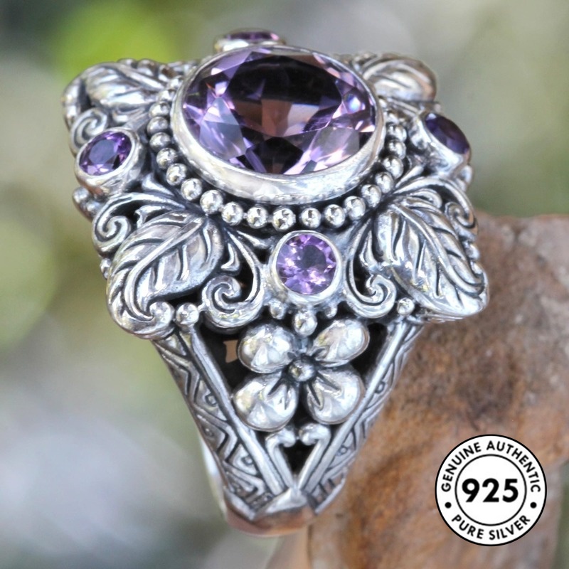 Cincin Sterling Silver 925 Gaya Vintage Mewah Dengan Batu Amethyst Untuk Wanita