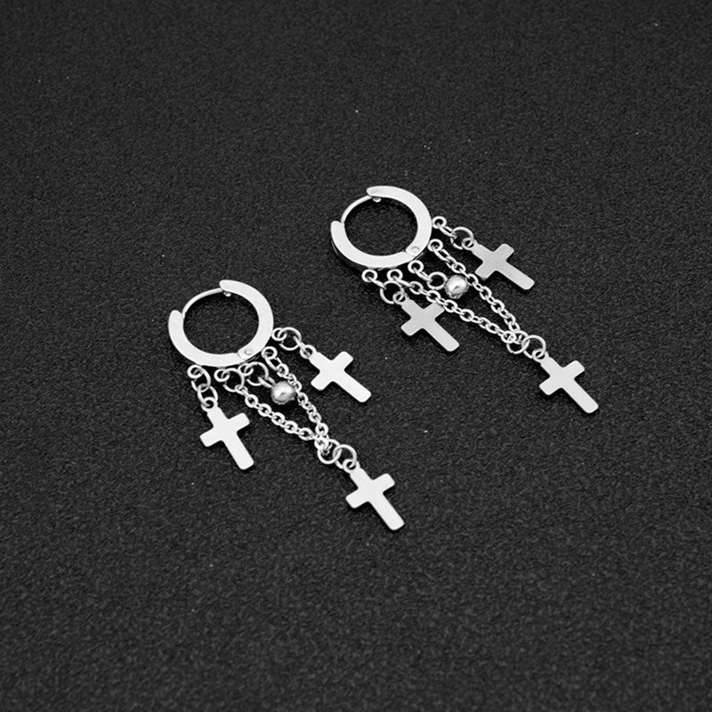 Fancyqube Anting Tindik Palsu Bahan Stainless Steel Bentuk Salib Aksen Rantai Rumbai Untuk Pria Dan Wanita