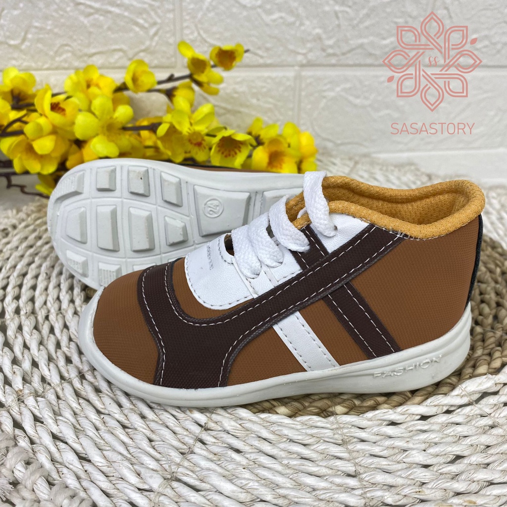 SEPATU SNEAKER COKLAT GARIS ANAK LAKI 1 2 3 TAHUN FA29