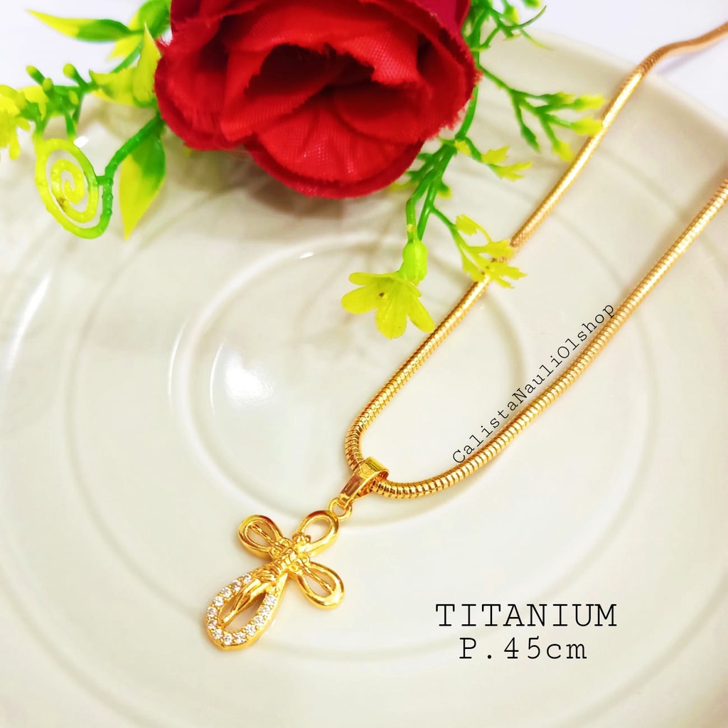 KALUNG TITANIUM SALIB LAPIS EMAS KOREA 18K ANTI KARAT&amp;ANTI LUNTUR