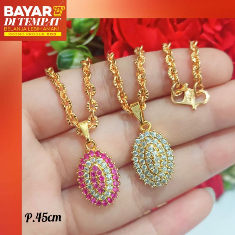 Kalung Set Dewasa oval full permata nuansa permaisuri,Emas tidak karat