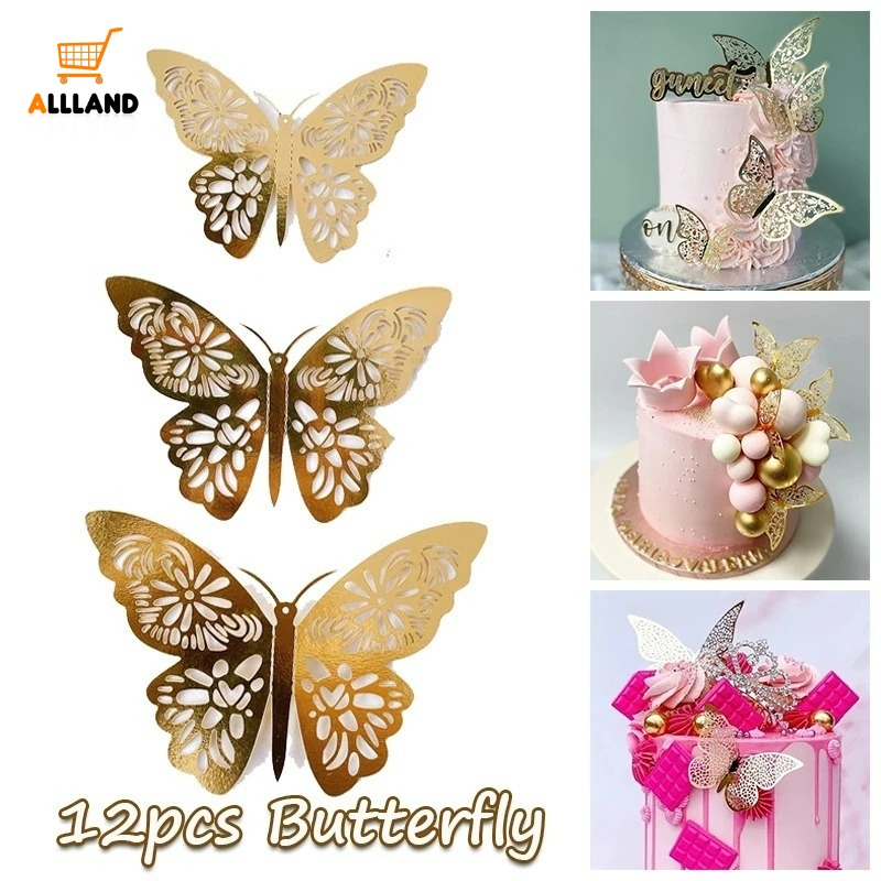 12pcs / Set Topper Kue Bentuk Kupu-Kupu 3D Warna Emas Untuk Dekorasi Pesta Pernikahan / Ulang Tahun Butterfly