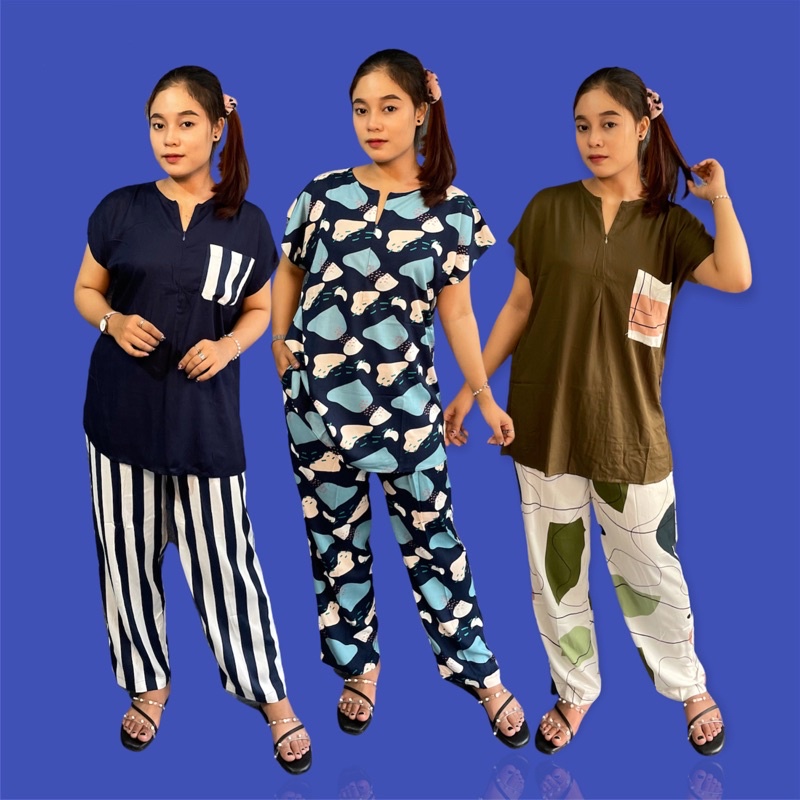 ONE SET RAYON PAJAMAS PIYAMA TANGAN PENDEK