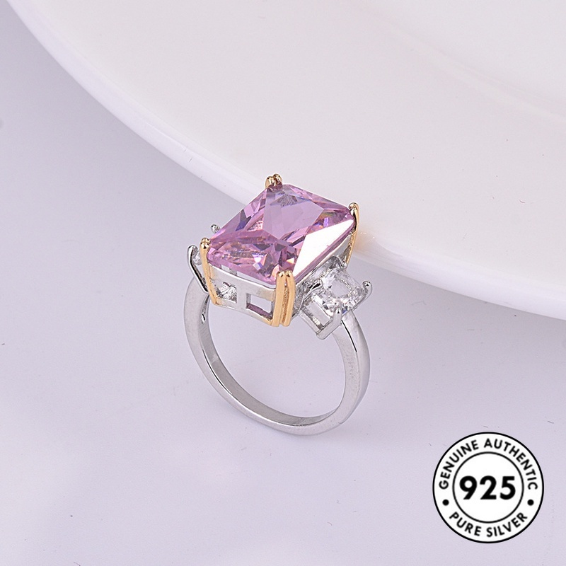 Cincin Silver S925 Hias Kristal Persegi Warna Pink Untuk Wanita