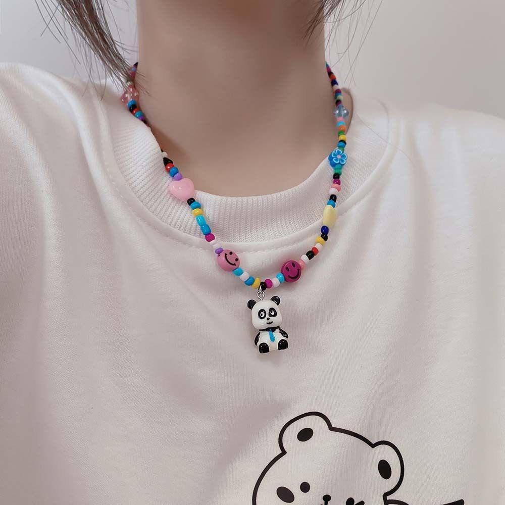 [Elegan] Korea Liontin Kalung Trendi Elegan Warna Permen Adjustable Manik-Manik Rantai Panda Senyum Wajah Kalung