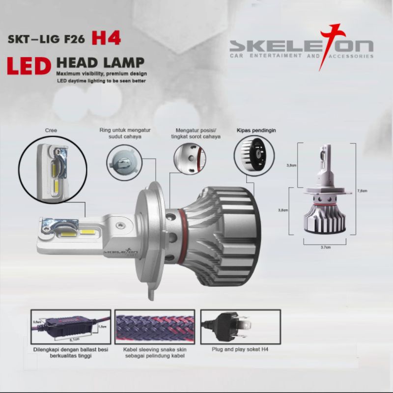 LAMPU MOBIL LED H4 / H11 / H7 / HB3 / HB4 SKELETON SKT-LIG F26