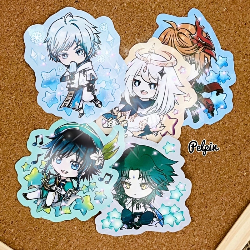 sticker set hologram genshin impact glitter stiker besar 8cm anime game tartaglia venti chongyun