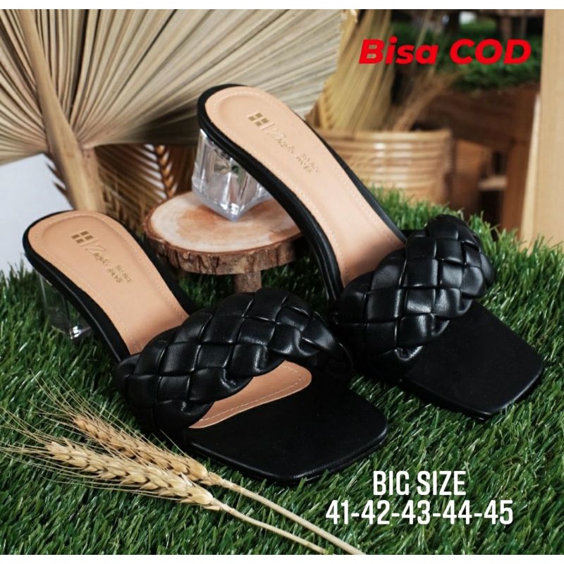 Original,Higheels Wanita ukuran Besar 41~45 Jumbo/Sandal Pesta/Sendal Slop kepang Santai &amp; Keundangan Big Size Hak Kaca 5cm Cantik