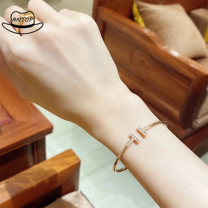 Gelang Mode Klasik/T Ganda Huruf Hias Berlian Imitasi Pembukaan Bangle ANTOP