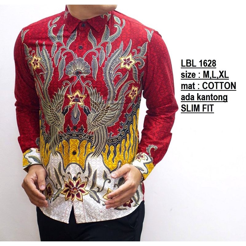 LB577 KEMEJA BATIK PRIA SLIM FIT MERAH LINABATIKDISTRO UNIK BAJU BATIK PRIA MERAH IMLEK