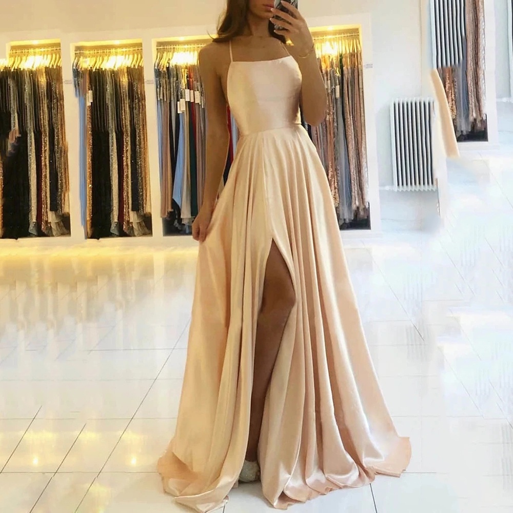 AE946 satin Dresses Evening Dress prom party Robe De Soiree Longue Formal Dress simple Spaghetti sex