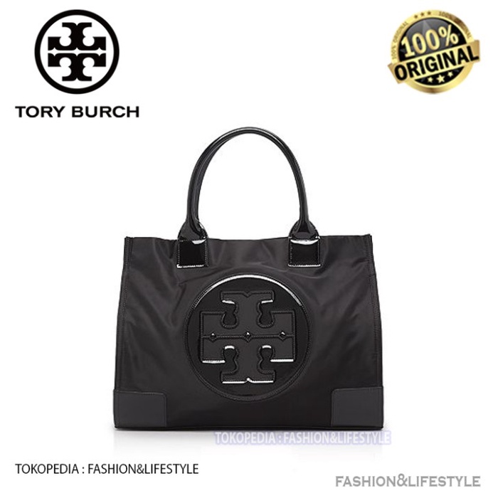 Terlaris TORY BURCH Ella Nylon Tote Bag Medium Black Glossy 100% ORIGINAL