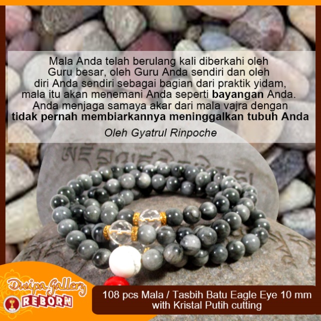 Tasbih / Mala Buddha 108 Batu Eagle Eye 10 mm with Kristal Putih cut