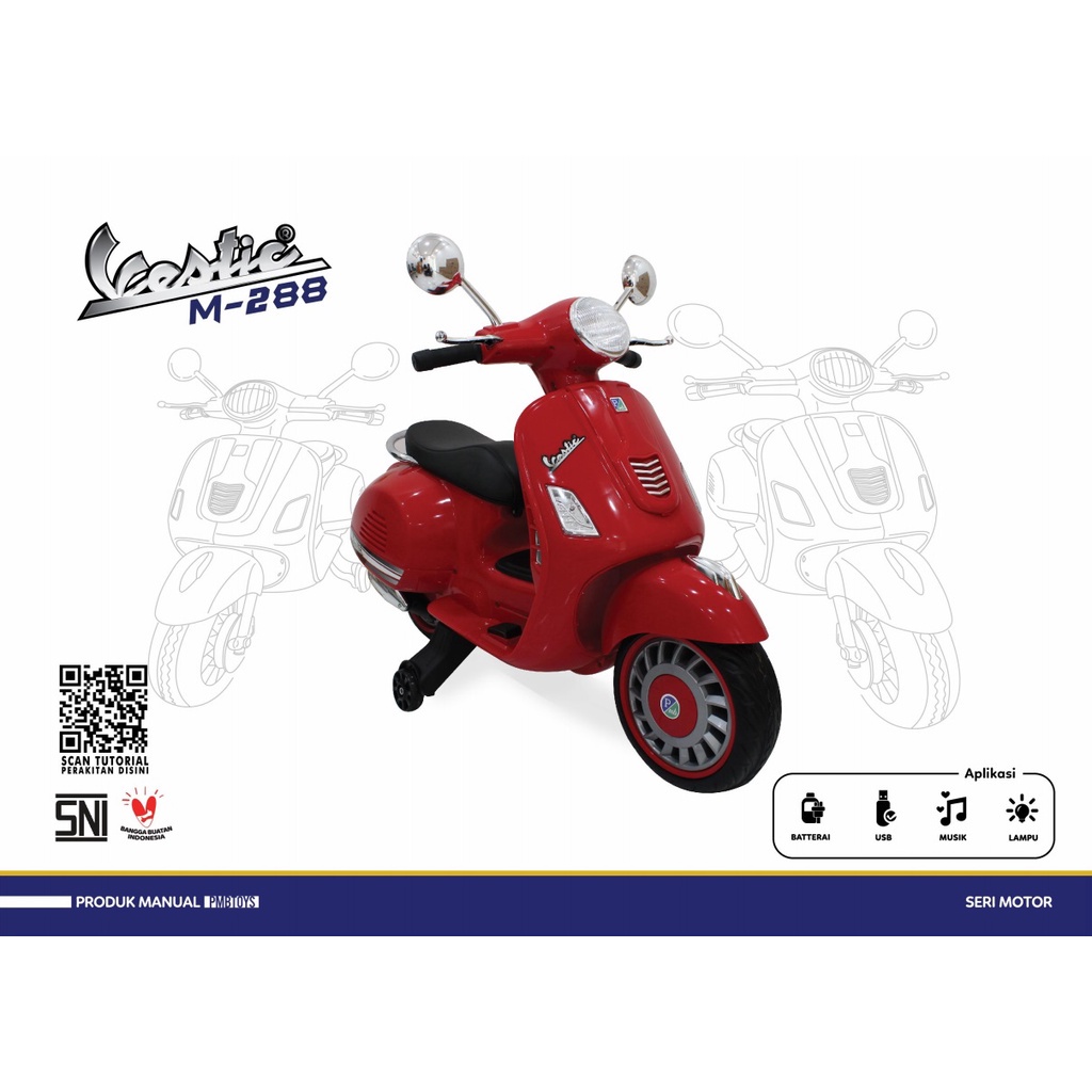 Motor Aki Mainan Anak PMB TOYS M288 VESPA 6 Volt 7AH Garansi Original SNI-Red