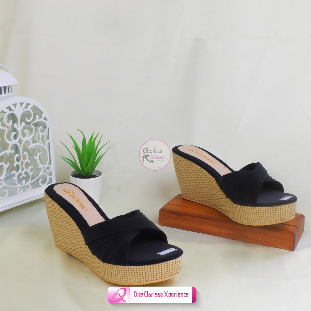 Clarisse wedges wanita SILANG LAPIS KOKOP REALPICT Sepatu Selop Hitam Tan Krem Hak 7 Cm Simple