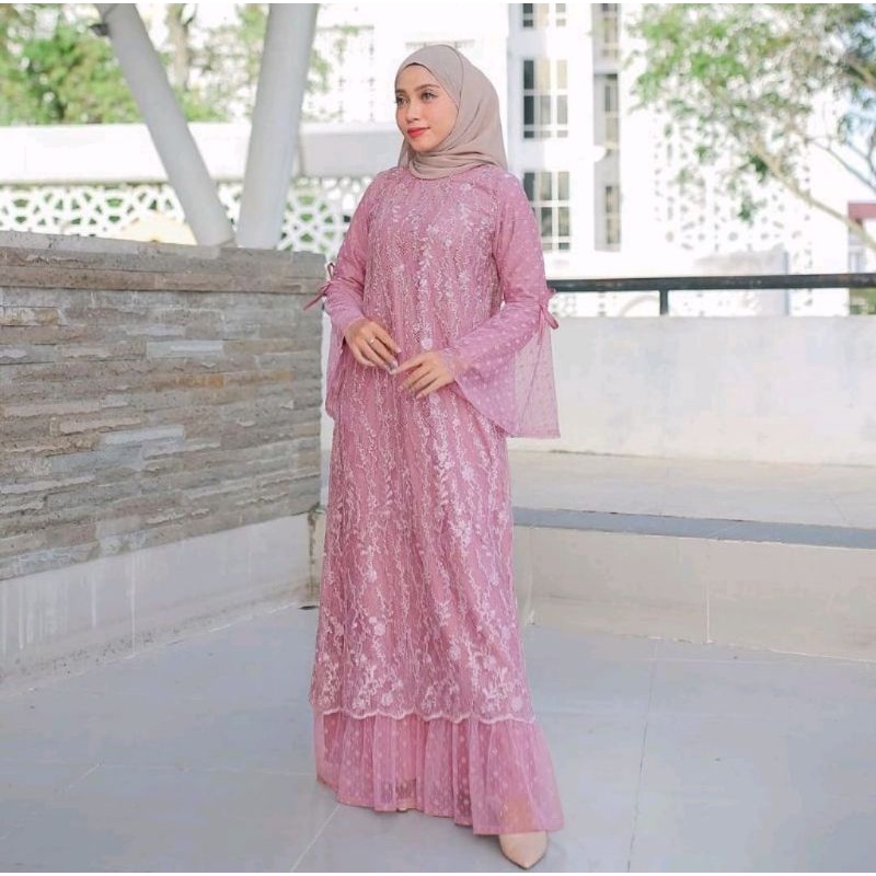 Baju Gamis Dewasa Lebaran Terbaru 2022 Model Kekinian Pesta Kondangan Bahan Tiledot Brukat Sleting B