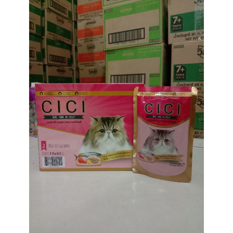 Makanan Kucing Cici pouch 85g Tuna topping katsuobushi 1 box ( Isi 12 sachet X 85g )