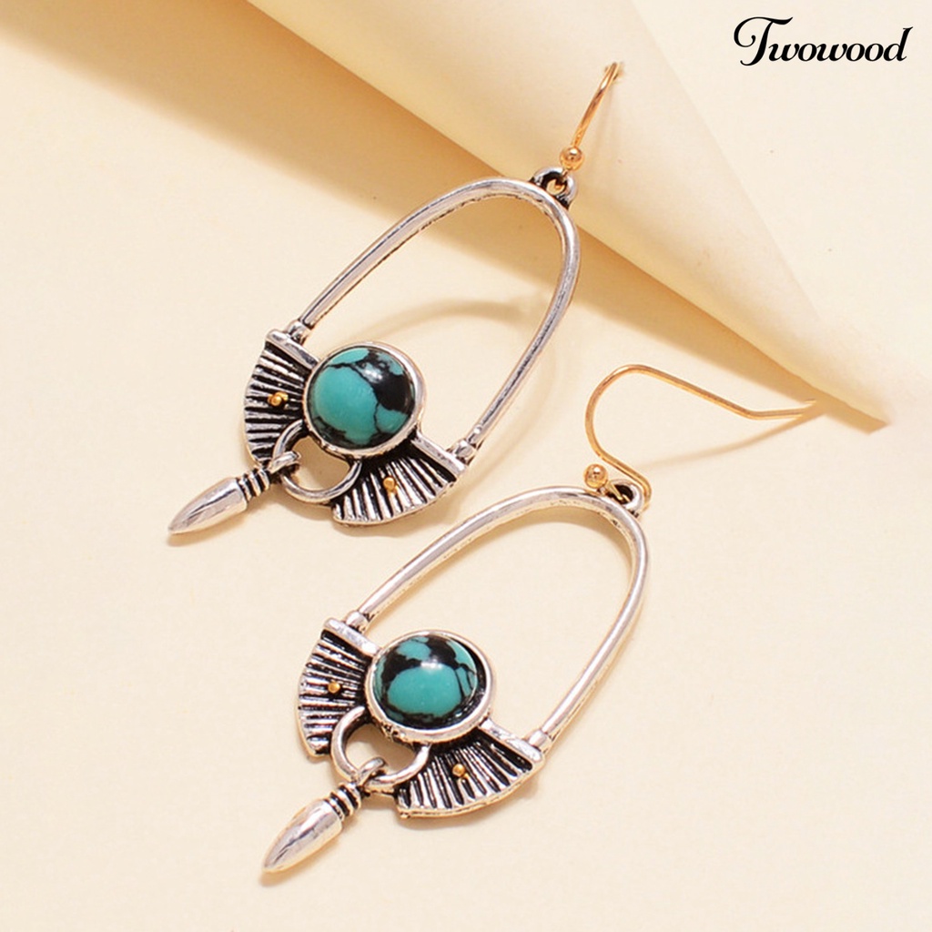 1 Pasang Anting Hook Panjang Bentuk Bulat Turquoise Gaya Bohemia Untuk Hadiah