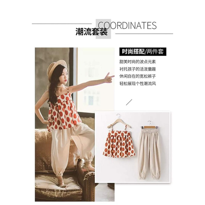 Baju Setelan Anak Perempuan Tank Top Polkadot Coral