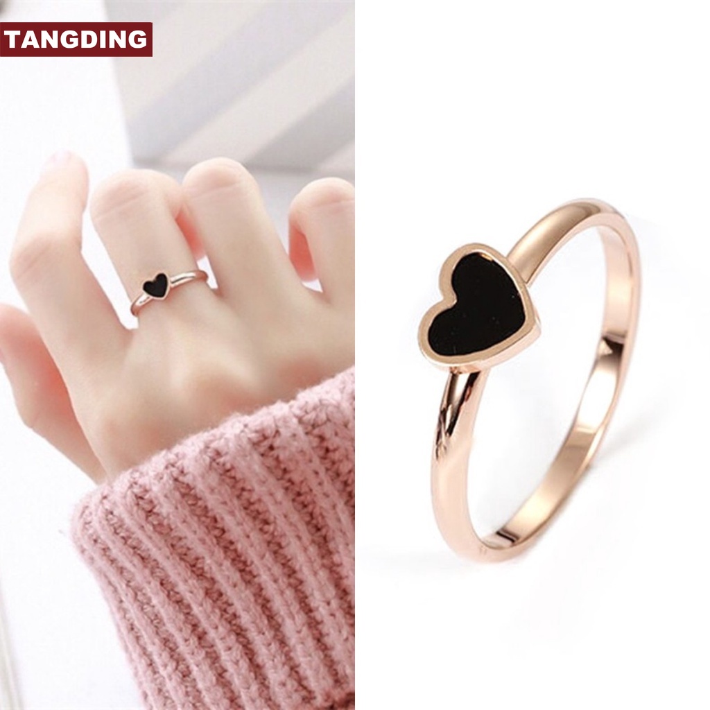 【COD Tangding】Simple Black Love Heart Shape Titanium Steel Ring Jewelry Fashion Accessories Jewelry