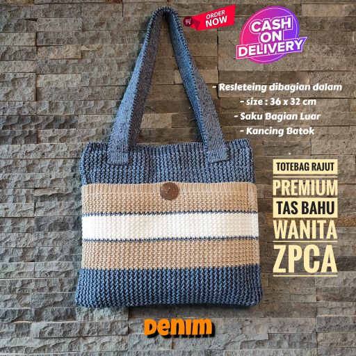Tote Bag Rajut Premium Tas Bahu Kekinian Strip Milenial Terlaris
