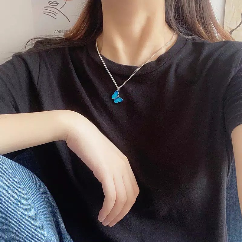 Kalung Korean Liontin Kupu-Kupu Fashion Wanita Model Korea Warna Biru