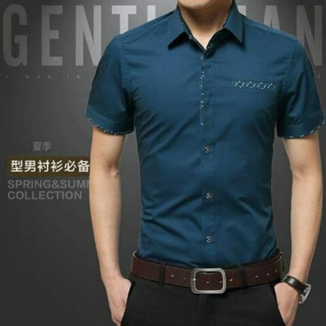 Kemeja pria katun strecth hijau tosca