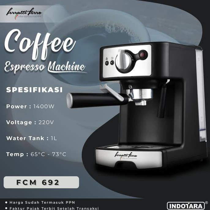 Ferratti Ferro FCM 692 Espresso Machine - Hitam, Kapasitas Air 1000 ml, Dimensi 260x174x273 mm