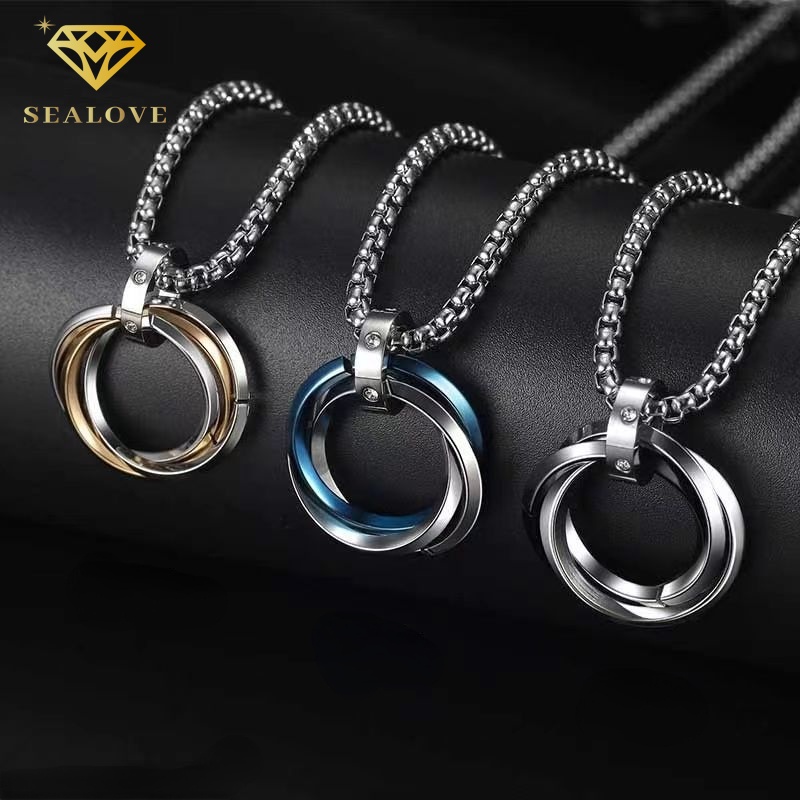 SEALOVE Kalung titanium pria Jepang dan Korea, liontin interlocking tiga cincin yang modis, rantai klavikula kepribadian stainless steel 18k