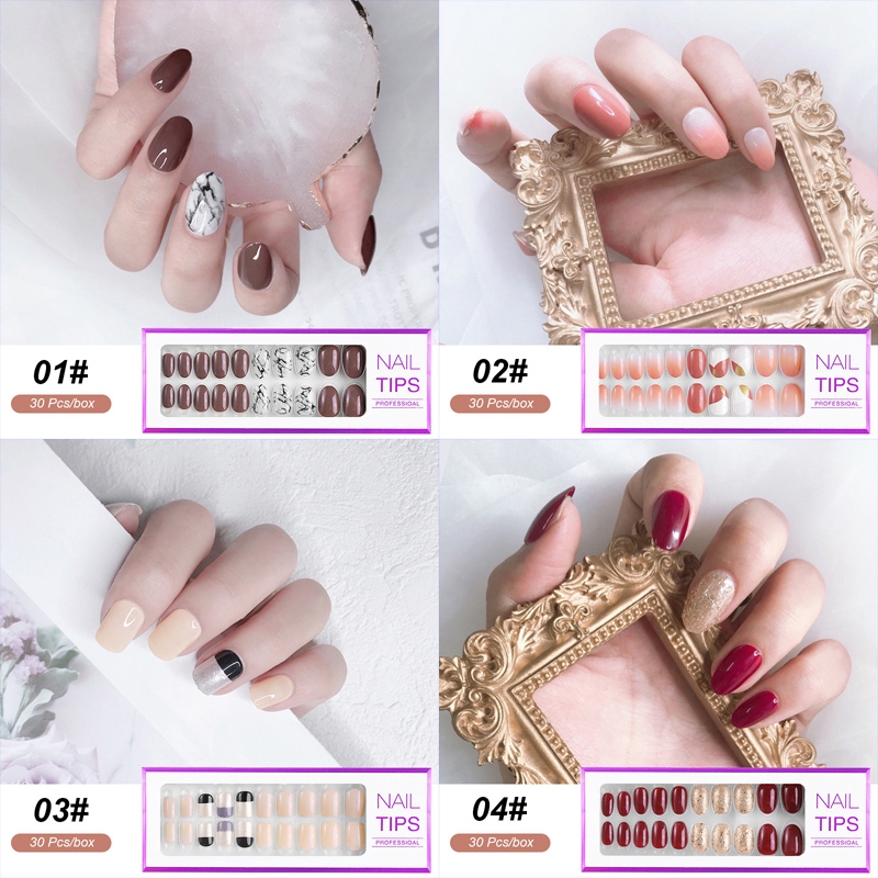 30 Pcs/box Fashion Mixed Patterns Fake Nails Kuku Palsu Full Cover Nail Tips Reusable Nail Art False Nails