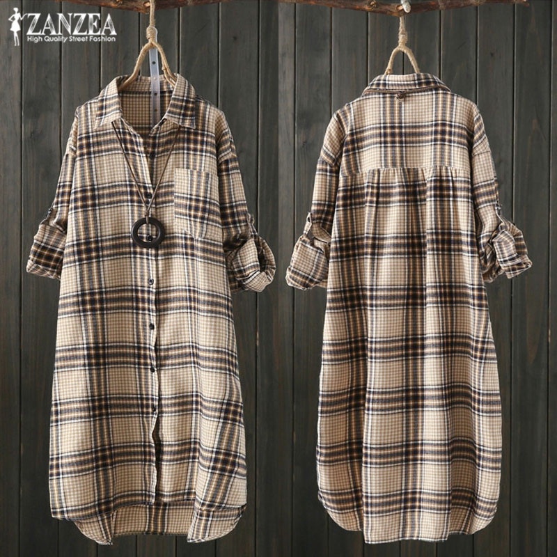 ZANZEA Women Plaid Casual Button Down Plus Size Loose Blouse