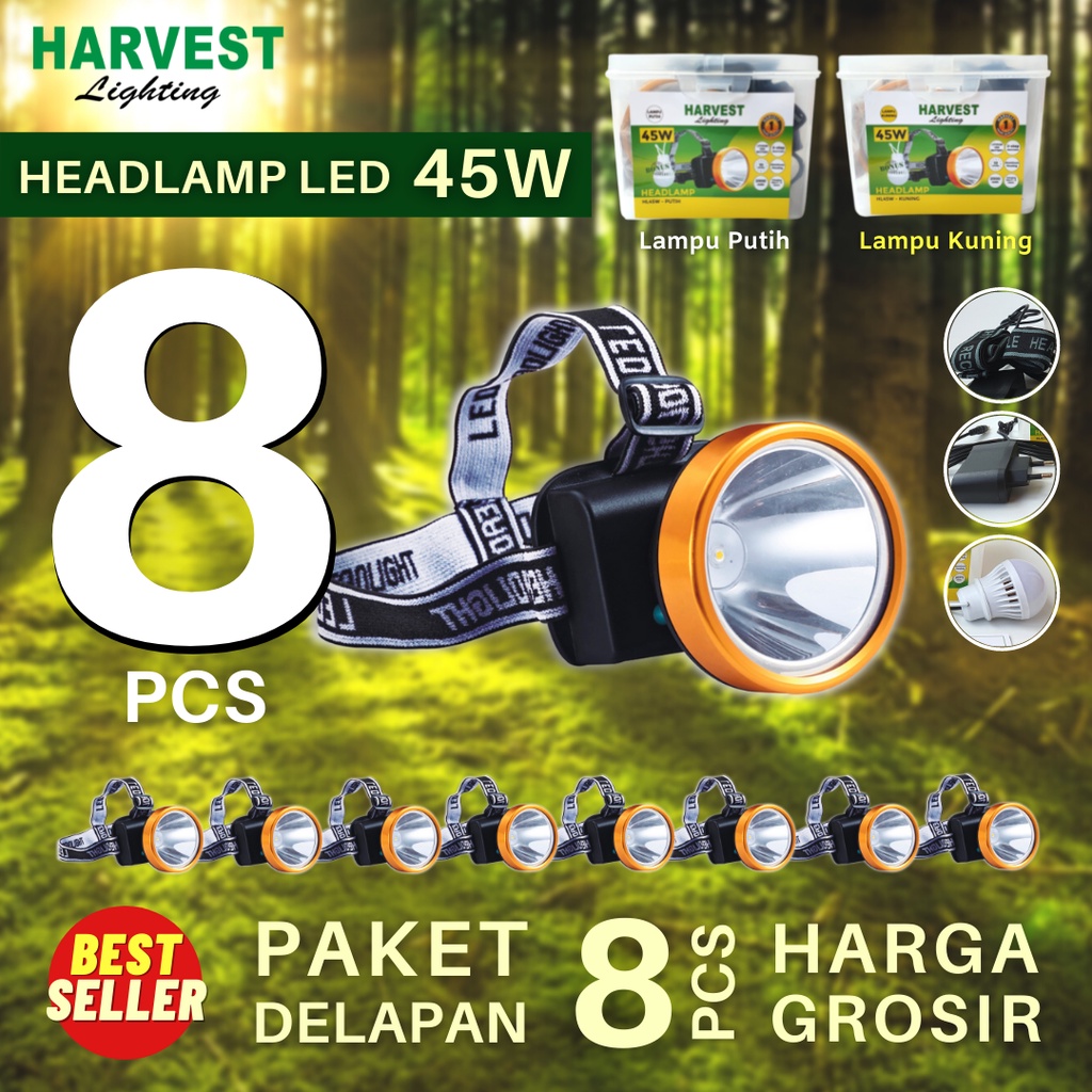 45W - PAKET ISI 8 - Headlamp HARVEST LIGHTING Senter Kepala LED 2000Mah Lampu Emergency Travel Hunting Rechargeable Original  Bergaransi