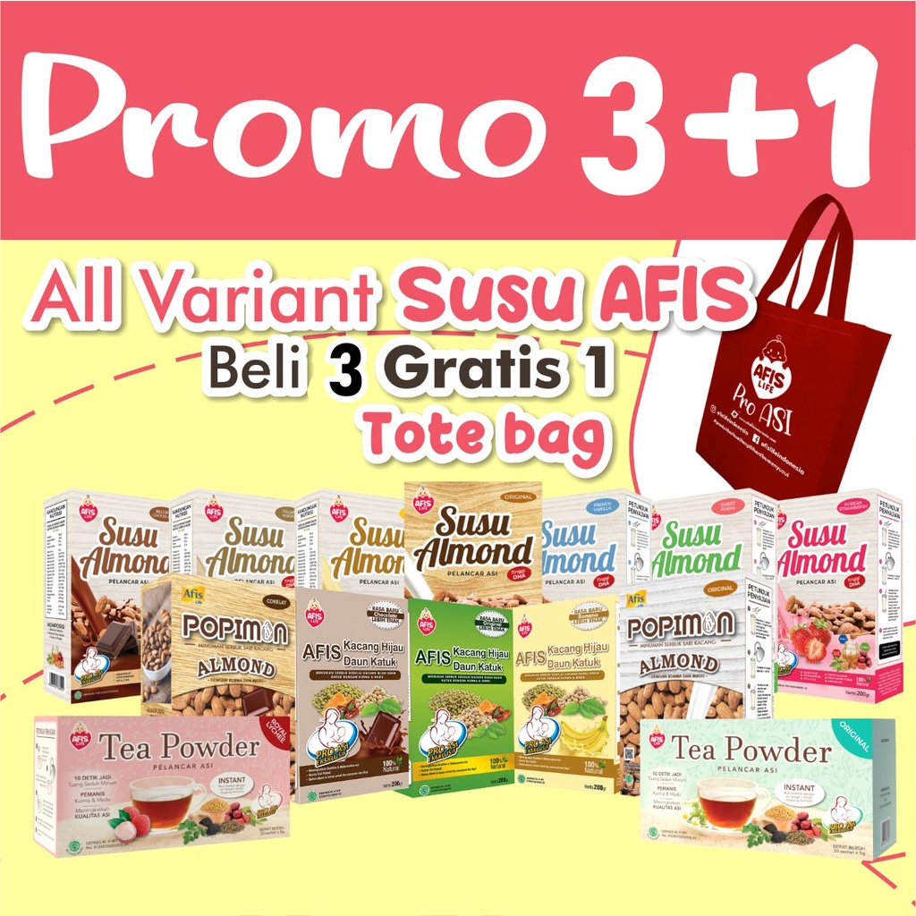 Beli 3 GRATIS 1 Afis life 60gram / 1 Tas Belanja Susu Almond Pelancar Asi Booster Ibu menyusui 200 gr untuk perkembangan bayi optimal