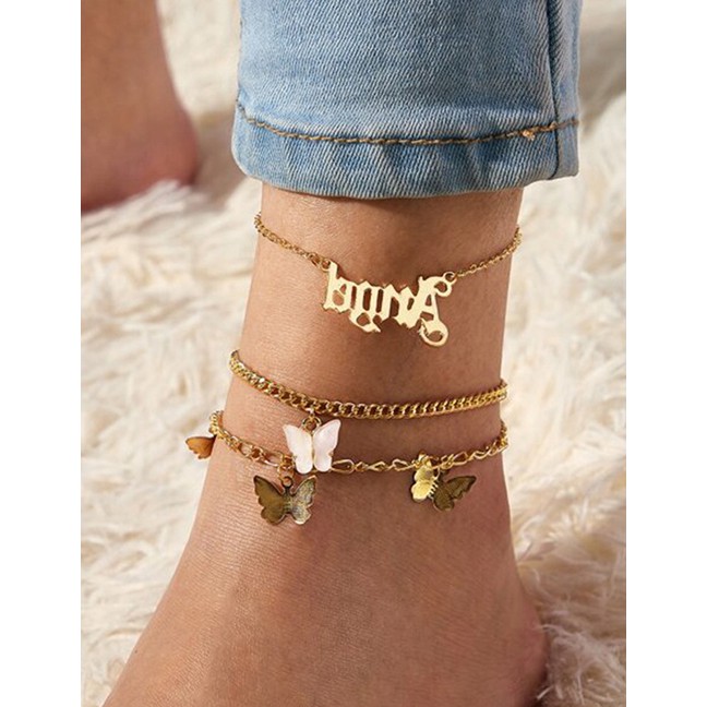 LRC Gelang Kaki Fashion Gold Color Alphabet Butterfly Alloy Chain K26929