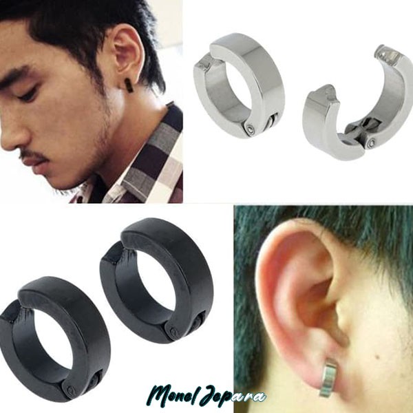 Sepasang Anting Jepit Pria Wanita Hitam/Silver (Titanium Asli)