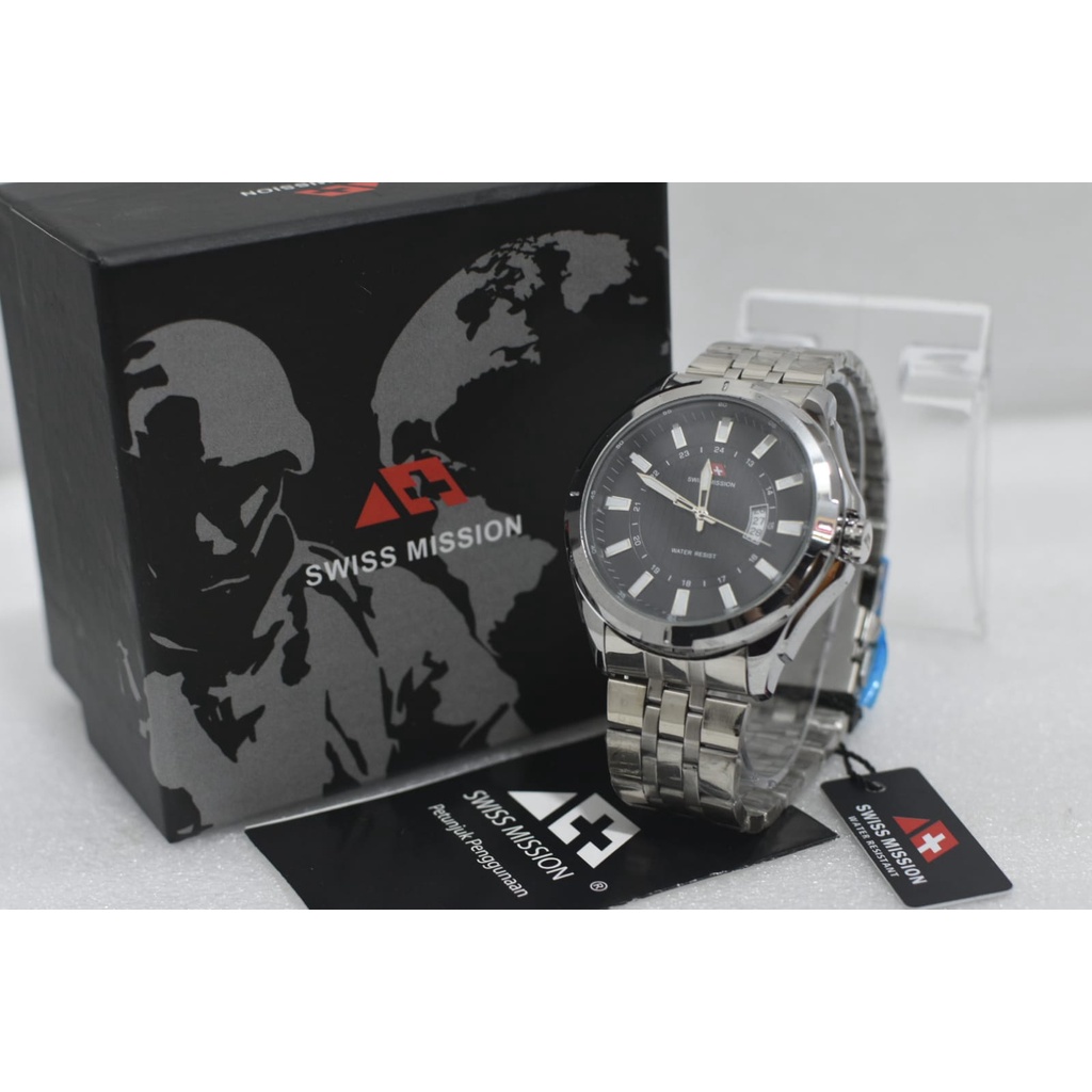 JAM TANGAN PRIA SWISS MISSION ANALOG TALI RANTAI TANGGAL AKTIF DIAMETER 4,5 CM + BOX