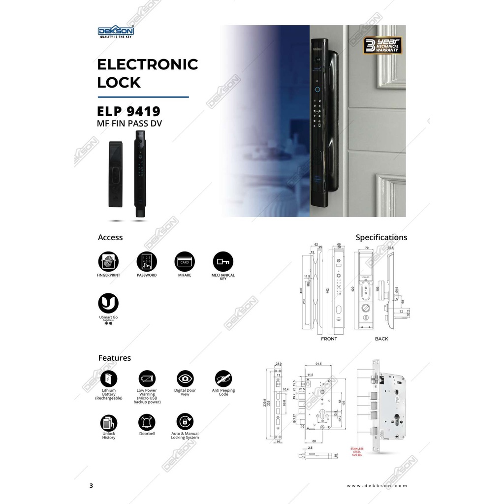 Electronic Lock Dekkson ELP 9419 MF FIN PASS DV Pull Handle Digital