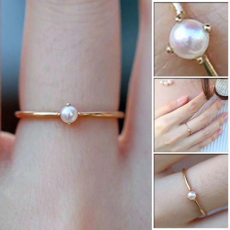Fancyqube Cincin Tunangan Tipis Lapis Emas 18K Hias Mutiara Air Tawar Mini untuk Wanita