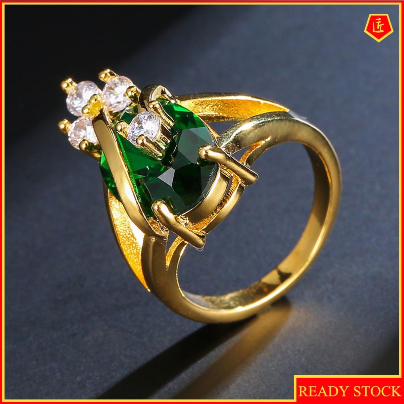 [Ready Stock]18K Gold Luxury Diamond Emerald Ring