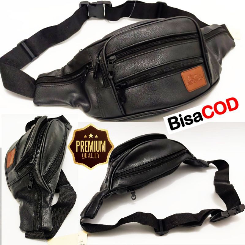 Tas Selempang Pria / Waistbag cowok Bahan kulit sintesis / Tas Pinggang Pria 7 Slot Resleting