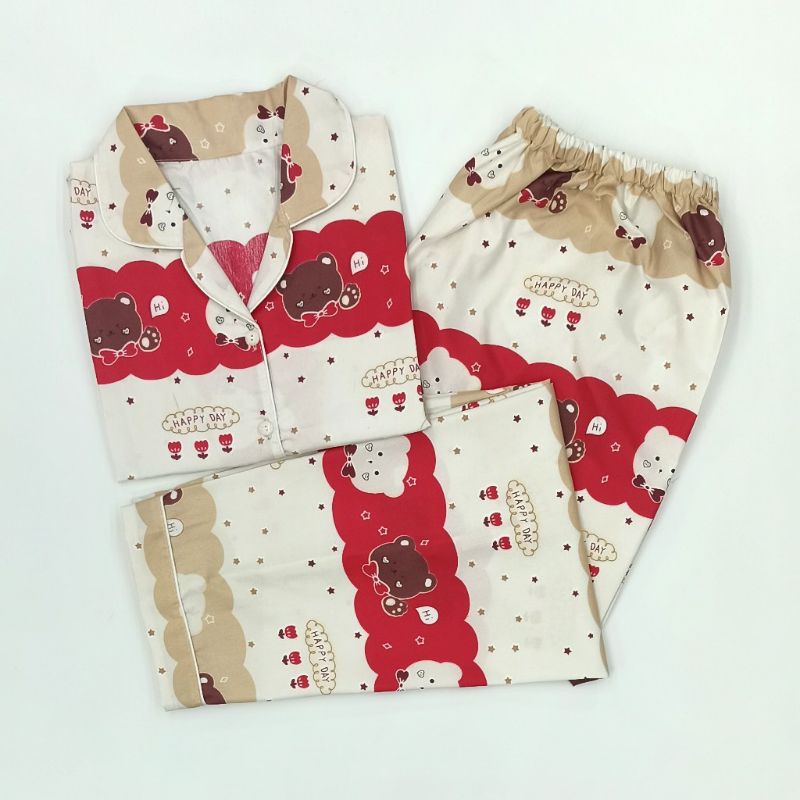 Baju Tidur Wanita / Piyama Wanita Tie Dye Set Motif Kekinian-Bear Cream