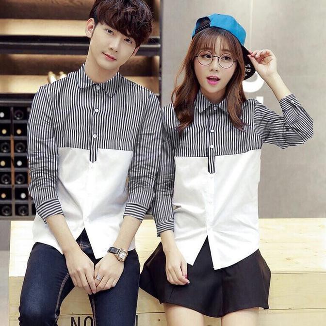 BARANG MURAH KEMEJA COUPLE STRIPE PUTIH LENGAN PANJANG - BAJU PASANGAN SALUR FREE ONGKIR..